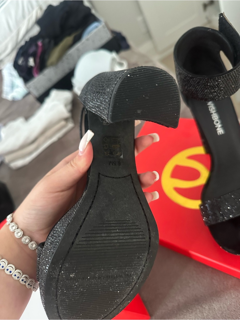Wishbone Black Sparkle Block Heel Sandals - Picture 4 of 5